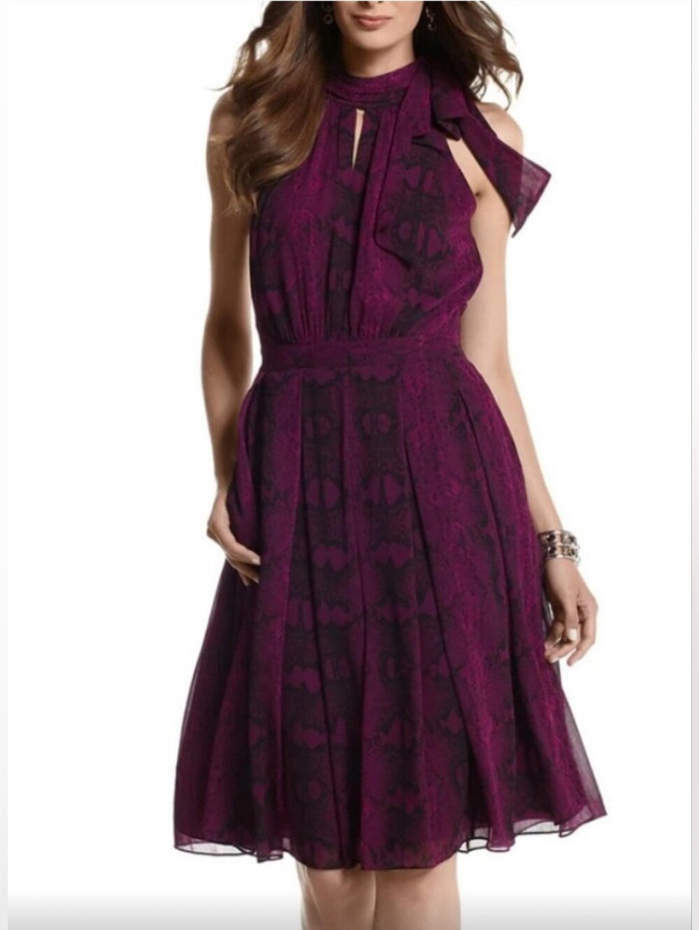 White House Black Market Tie Neck Amethyst Snake Print Chiffon Dress Purple Sz 4